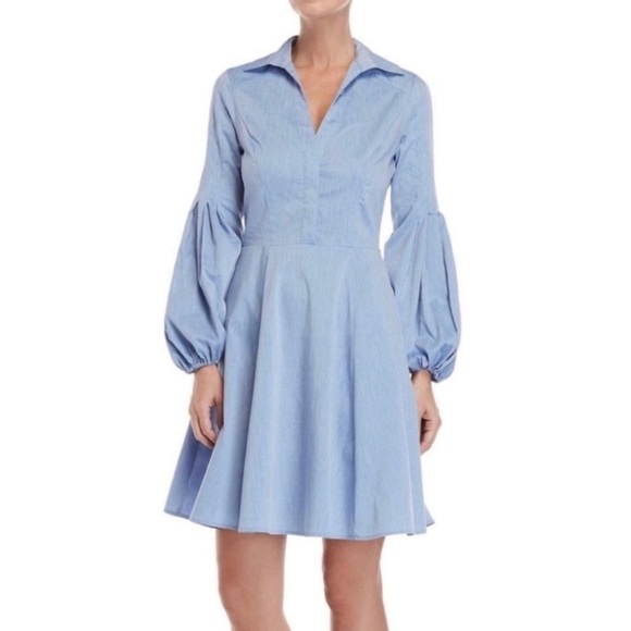 Adria Moss Anthropologie Blue Ballon Sleeve Chambray V-neck Mini Dress, 8 - Picture 1 of 10